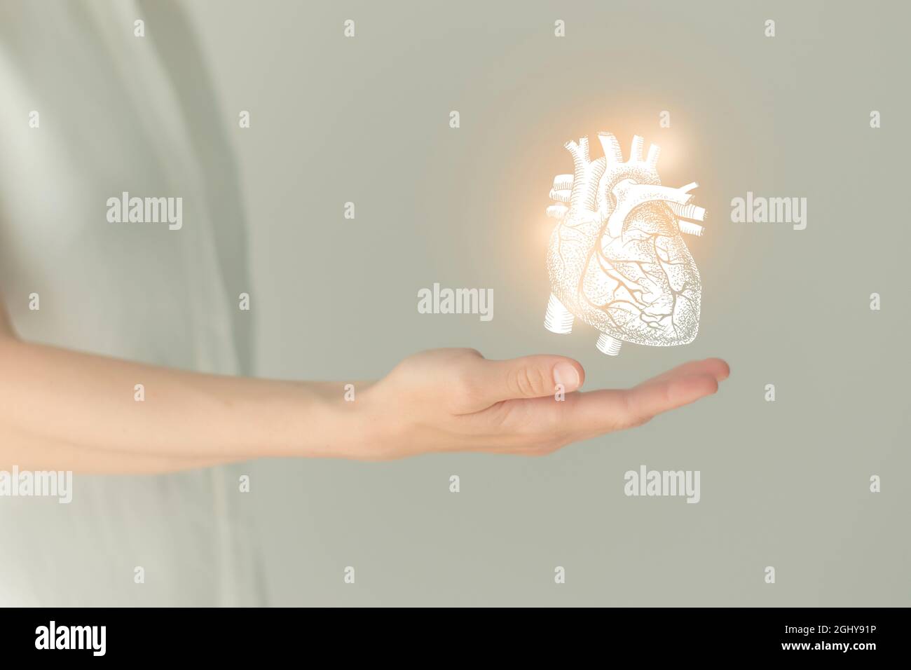Patiente non reconnaissable, vêchée de vêtements blancs, cœur de la main mis en évidence dans les mains. Concept des problèmes cardiaques humains. Banque D'Images Patiente non reconnaissable, vêchée de vêtements blancs, cœur de la main mis en évidence dans les mains. Concept des problèmes cardiaques humains. Banque D'Images