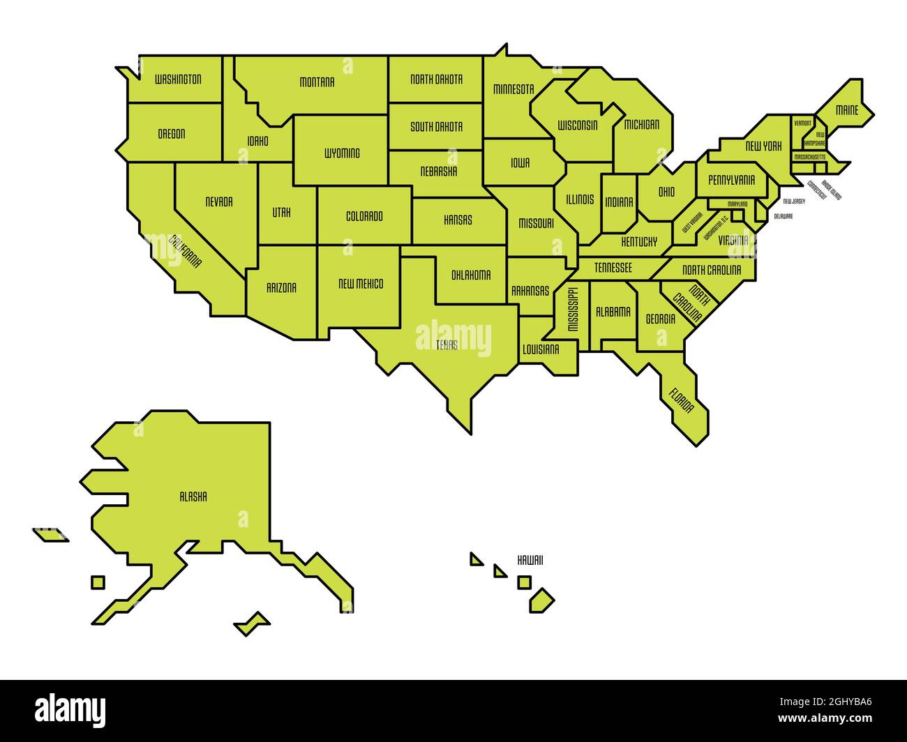 Carte verte simplifiée des Etats-Unis, Etats-Unis d'Amérique. Style rétro. Formes géométriques des États avec des bordures vives. Carte vectorielle plate simple avec noms d'état Illustration de Vecteur