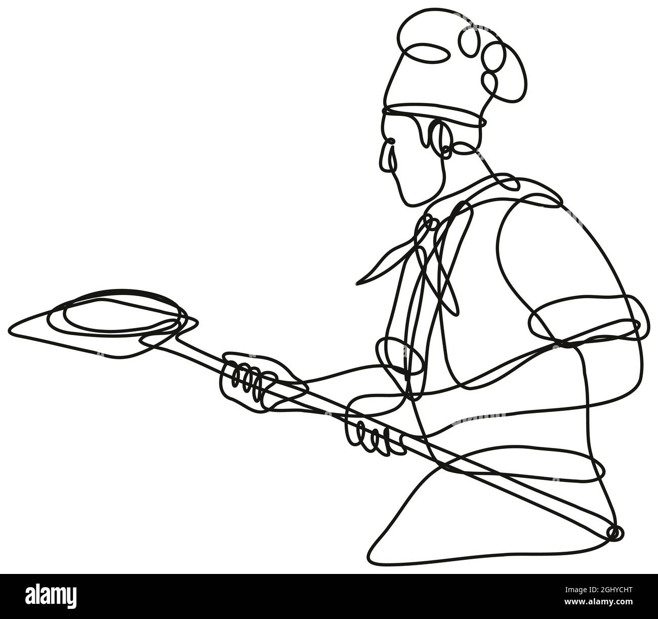 Pizza Baker Chef ou Cook Holding Peel Continuous Line Drawing Banque D'Images
