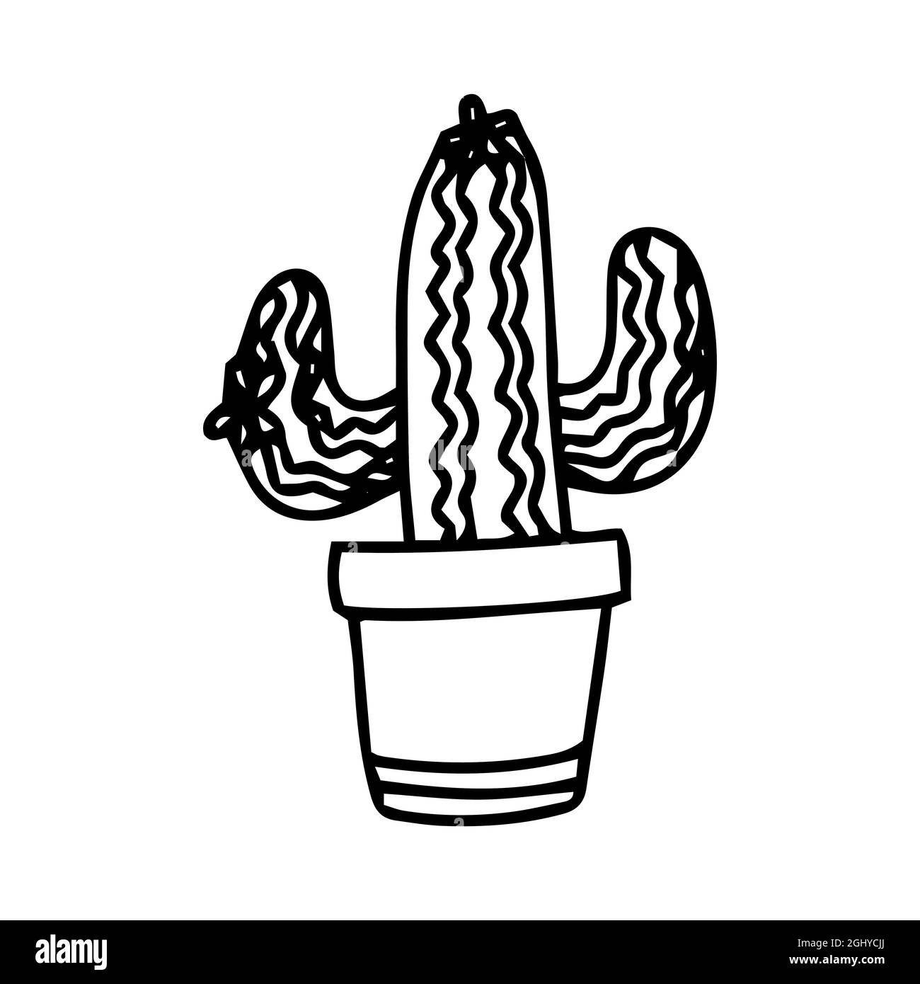 Cactus à nouilles dessinés à la main dans un pot. Vecteur décoratif cactus d'intérieur et de bureau. doodle plantes illustration isolée sur un fond blanc. Logo Illustration de Vecteur