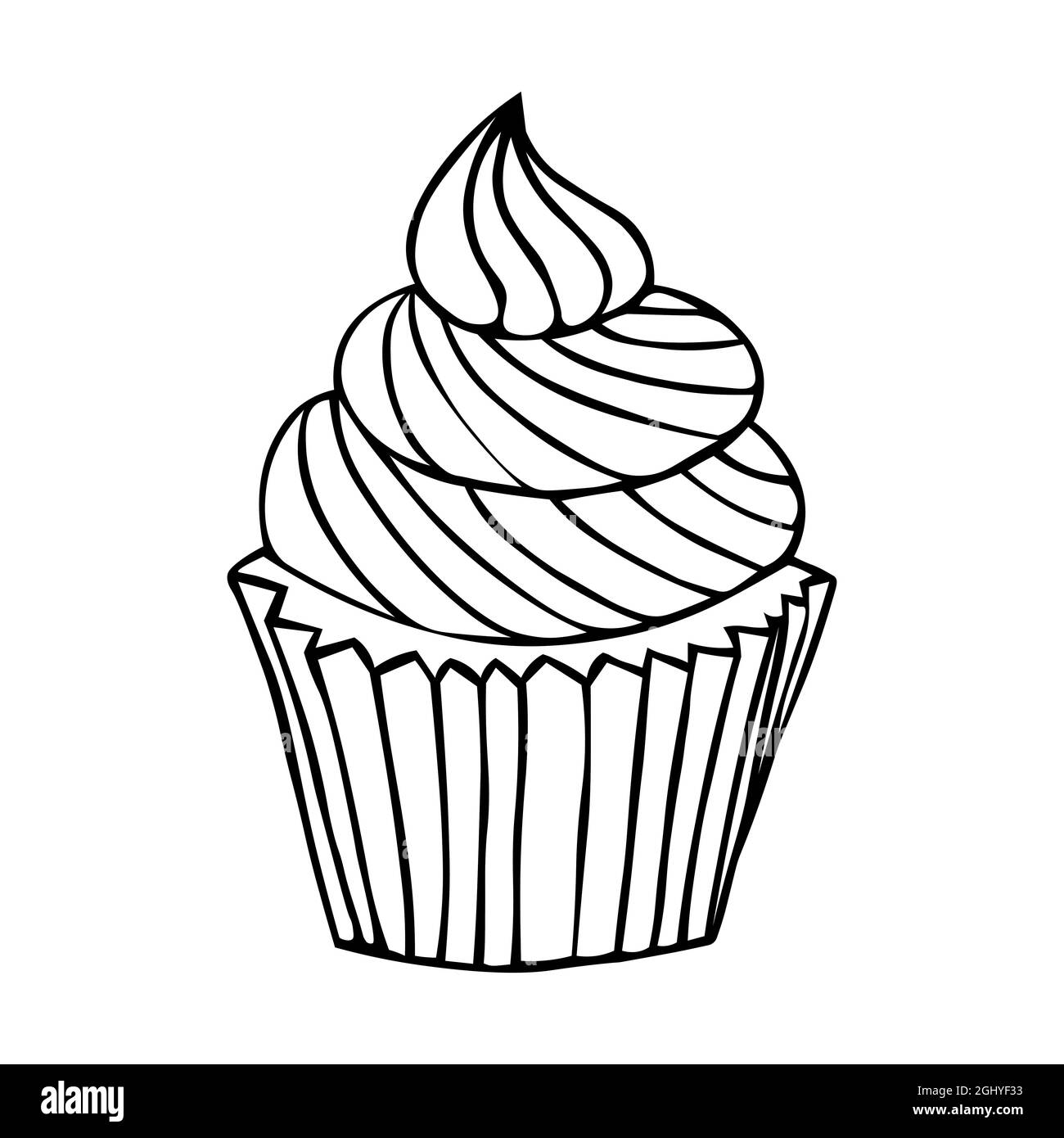Pour les cartes de vœux, les affiches, les étiquettes et les recettes de design, la conception alimentaire, la boulangerie, les pâtisseries, le café. Illustration vectorielle d'un muffin avec de la crème dans des doodle s. Illustration de Vecteur