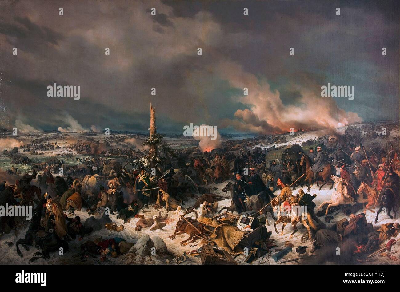 Grande Armée de Napoléon traversant la rivière Berezina pendant le retrait de Moscou en 1812 par Peter von Hess Banque D'Images