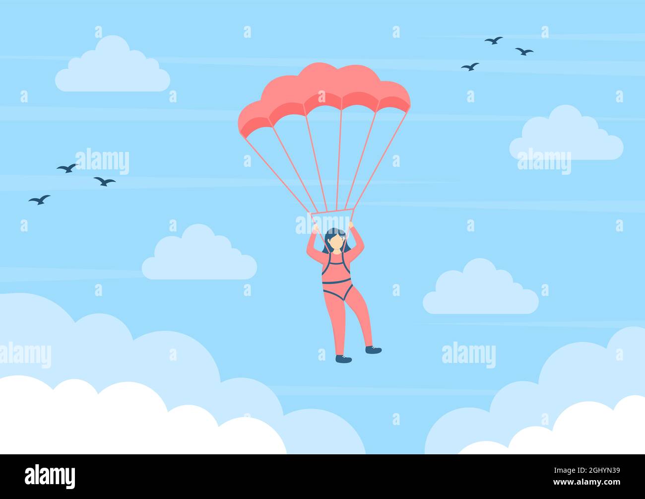 Skydive est un type de sport d'activités de plein air Recreation utilisant le parachute et le saut élevé dans l'air de ciel. Illustration du vecteur d'arrière-plan du joli dessin animé Illustration de Vecteur