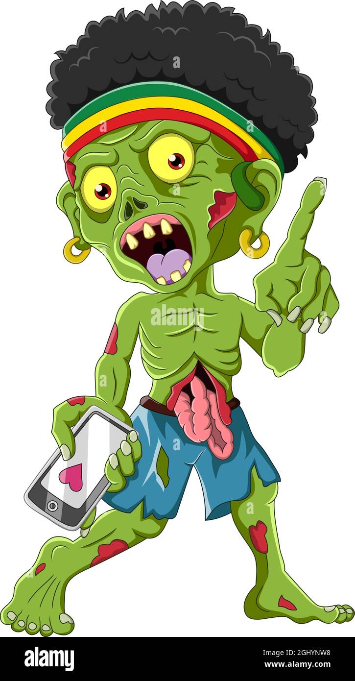 Un dessin animé zombie tenant un téléphone Illustration de Vecteur