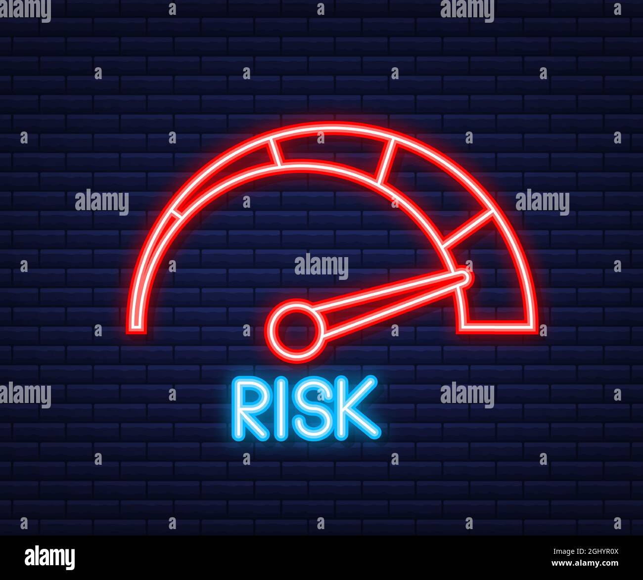 Icône de risque sur le compteur de vitesse. Compteur à risque élevé. Icône néon. Illustration vectorielle. Illustration de Vecteur