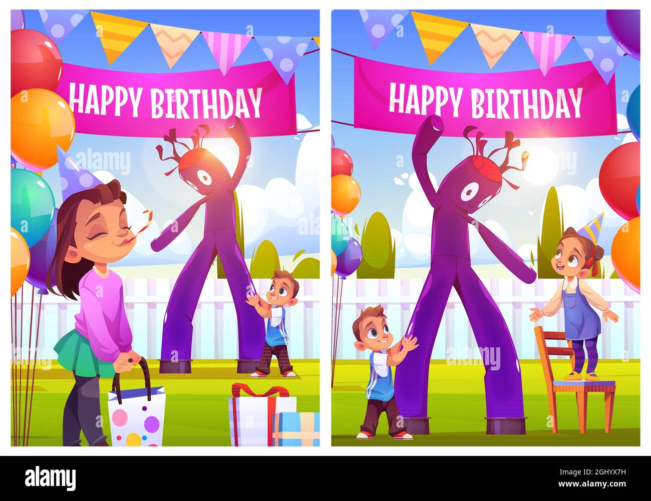 Affiches Ou Cartes De Vœux Pour Joyeux Anniversaire Une Fille Fete Avec Des Amis Sur La Cour De La Maison Avec L Homme D Air Et La Decoration Festive Enfants En Plein Air Amusement