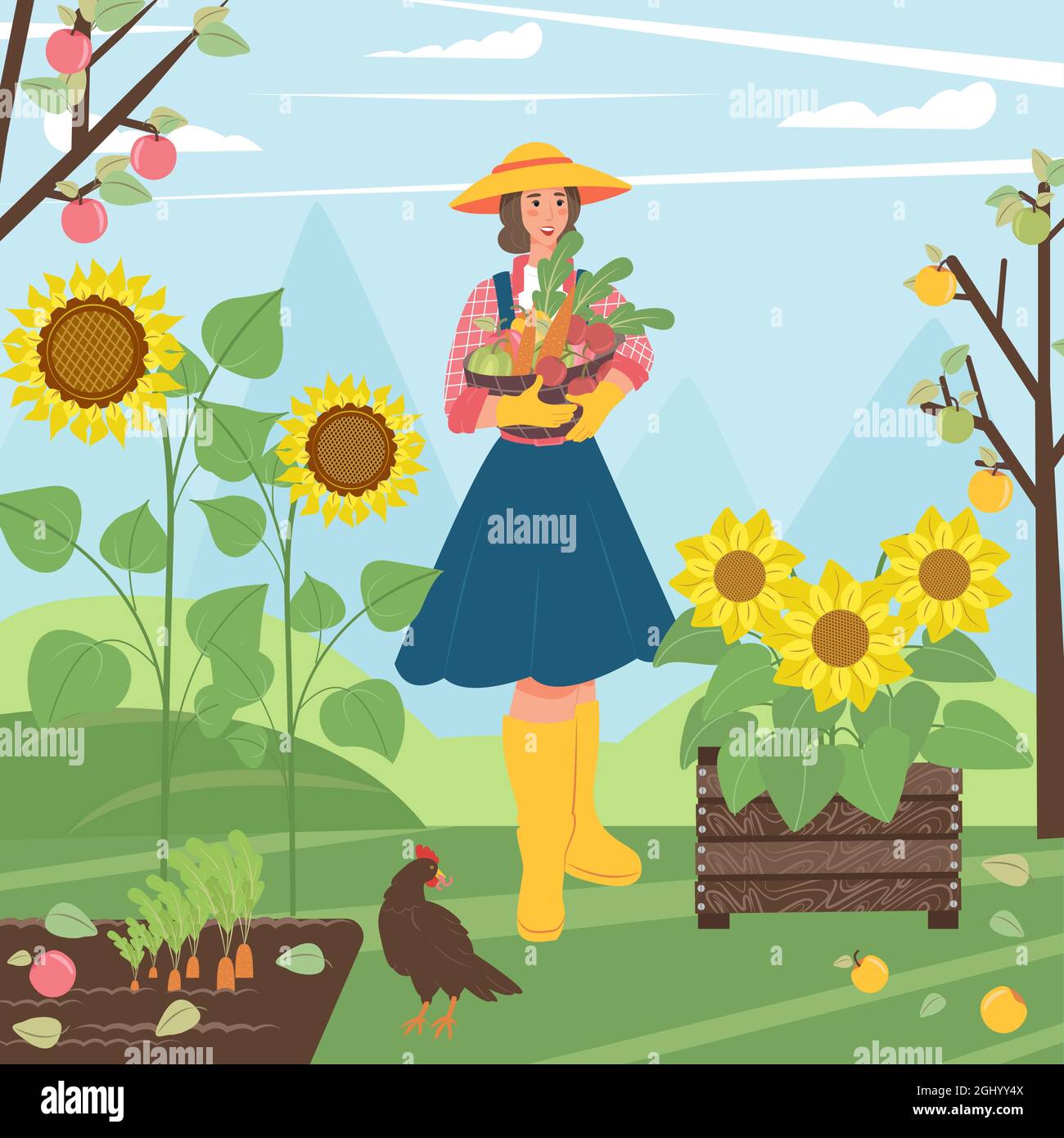 Personnes plates dans le village. Femme avec un panier de légumes dans ses mains dans le village. Illustration vectorielle. Paysage rural Illustration de Vecteur
