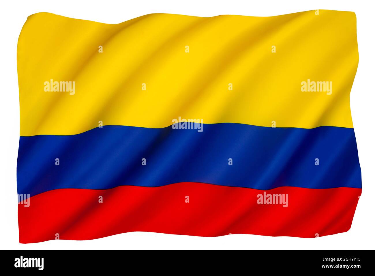 Le drapeau national de la Colombie. Adoptée le 20 juillet 1810 lorsque la Colombie a obtenu son indépendance de l'Espagne. Isolé sur un fond blanc pour découpe. Banque D'Images