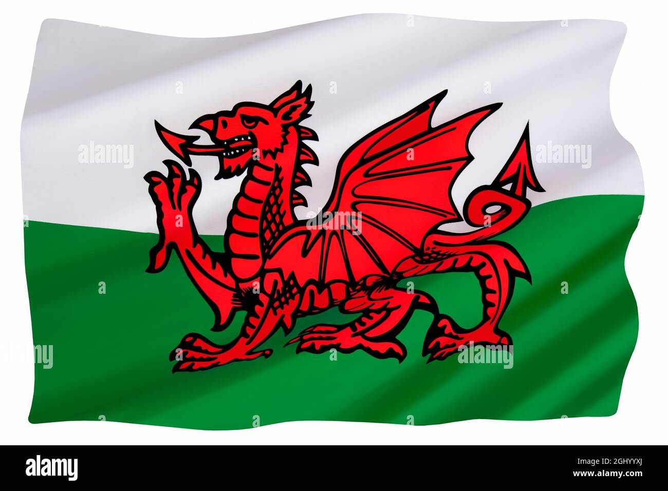 Le drapeau du pays de Galles au Royaume-Uni. Le drapeau incorpore le dragon rouge de Cadwaladr, roi de Ghynedd, ainsi que les couleurs Tudor de vert et Banque D'Images