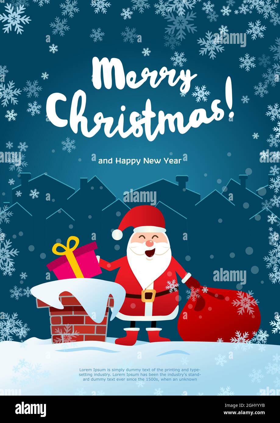 Poster Joyeux Noël. Le Père Noël sur le toit avec un sac de cadeaux, jette un cadeau dans la cheminée. Illustration de Vecteur