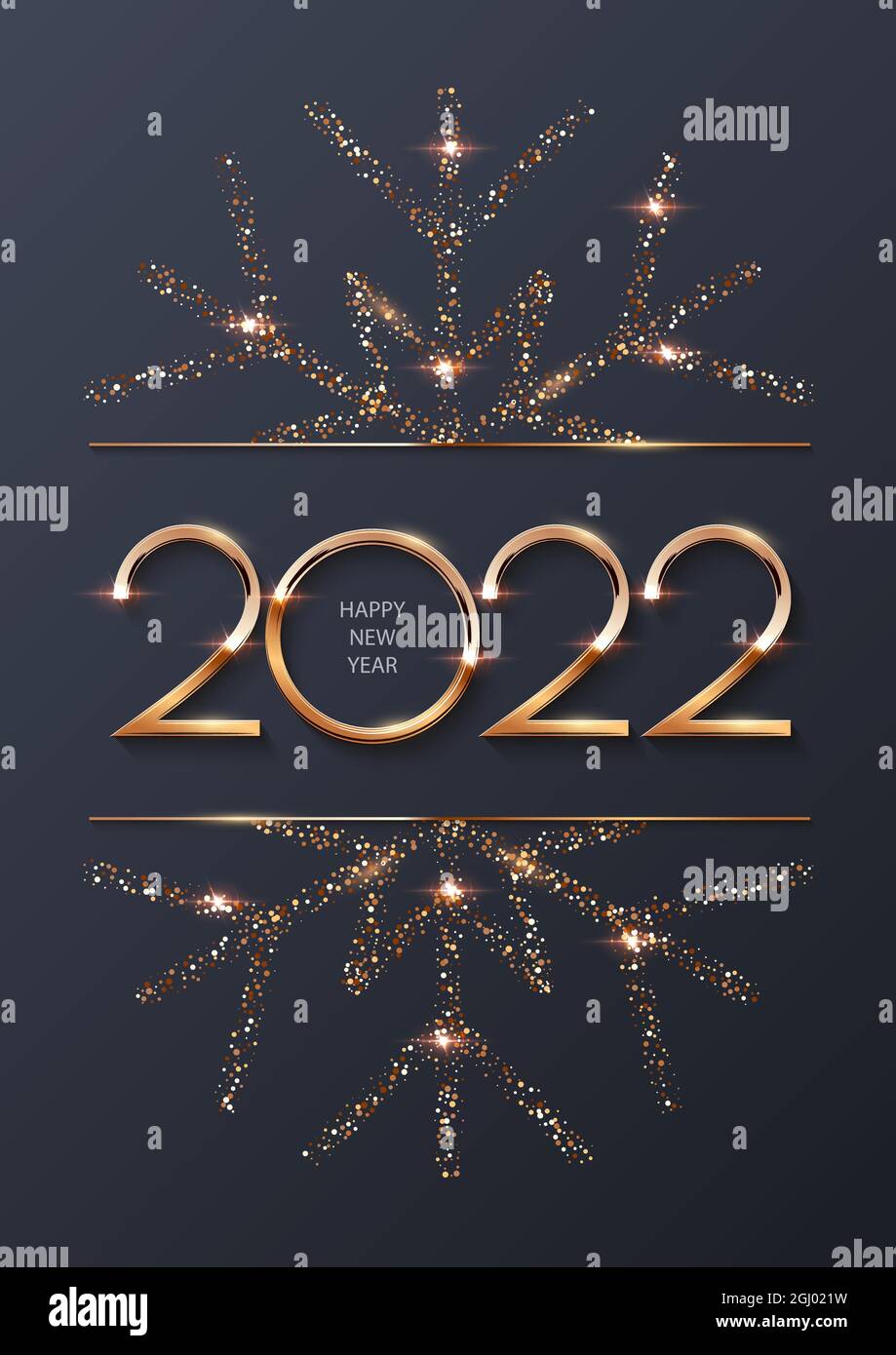 Bonne année 2022. L'or brille dans la lumière avec la fête des étincelles. Illustration de carte de vœux à motif vectoriel. Joyeux Noël Mo Illustration de Vecteur
