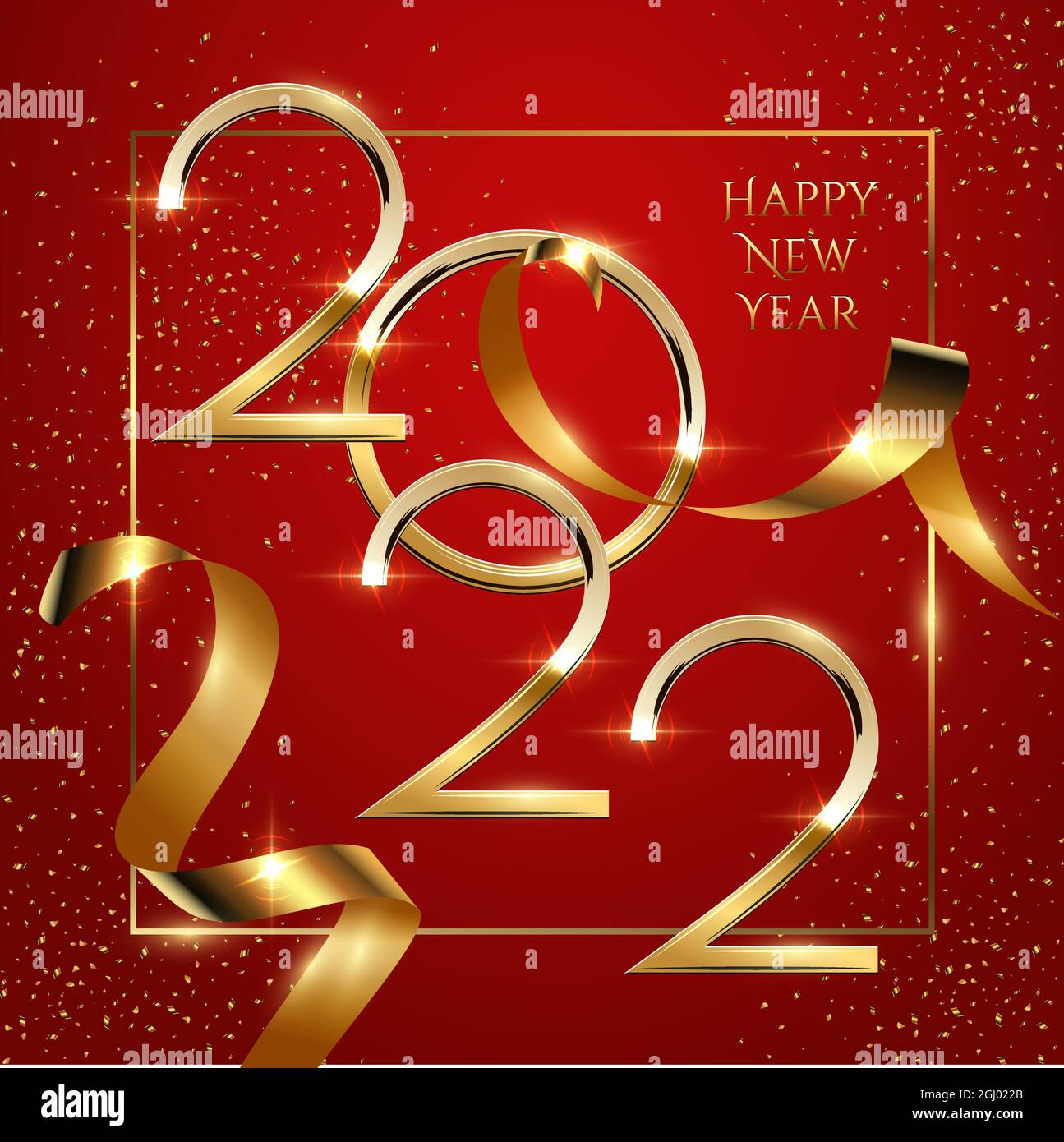 Modèle de vecteur de carte de vœux de bonne année. Bannière de Noël sur les réseaux sociaux avec Félicitations. Numéro Golden 2022 dans le cadre avec conf Illustration de Vecteur