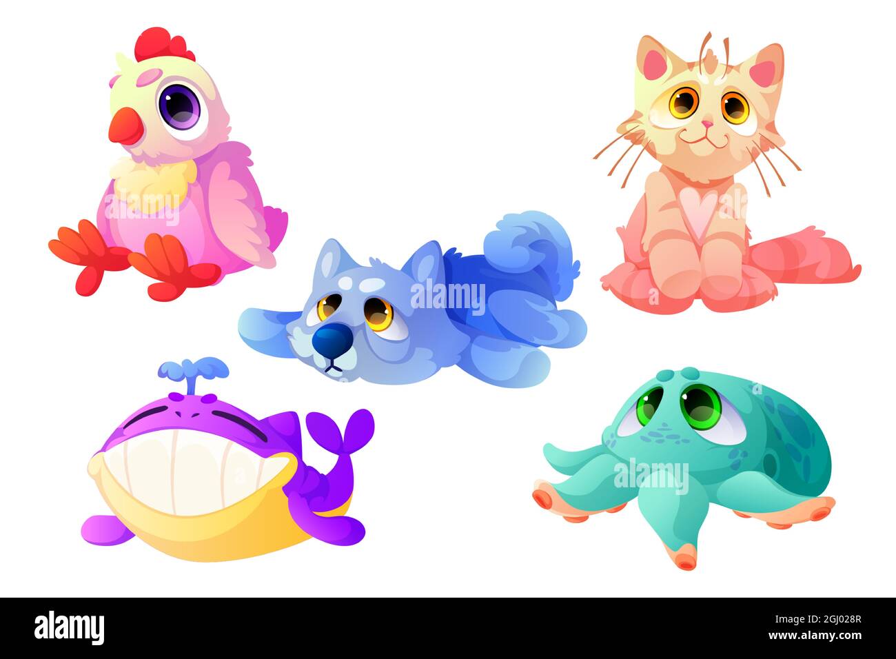 Animaux en peluche, jouets mous amusants pour les enfants. Ensemble de dessins animés vectoriels de jolis jouets moelleux, joli chien en textile, chat, coq, baleine et poulpe. Animaux de compagnie et animaux sauvages isolés sur fond blanc Illustration de Vecteur