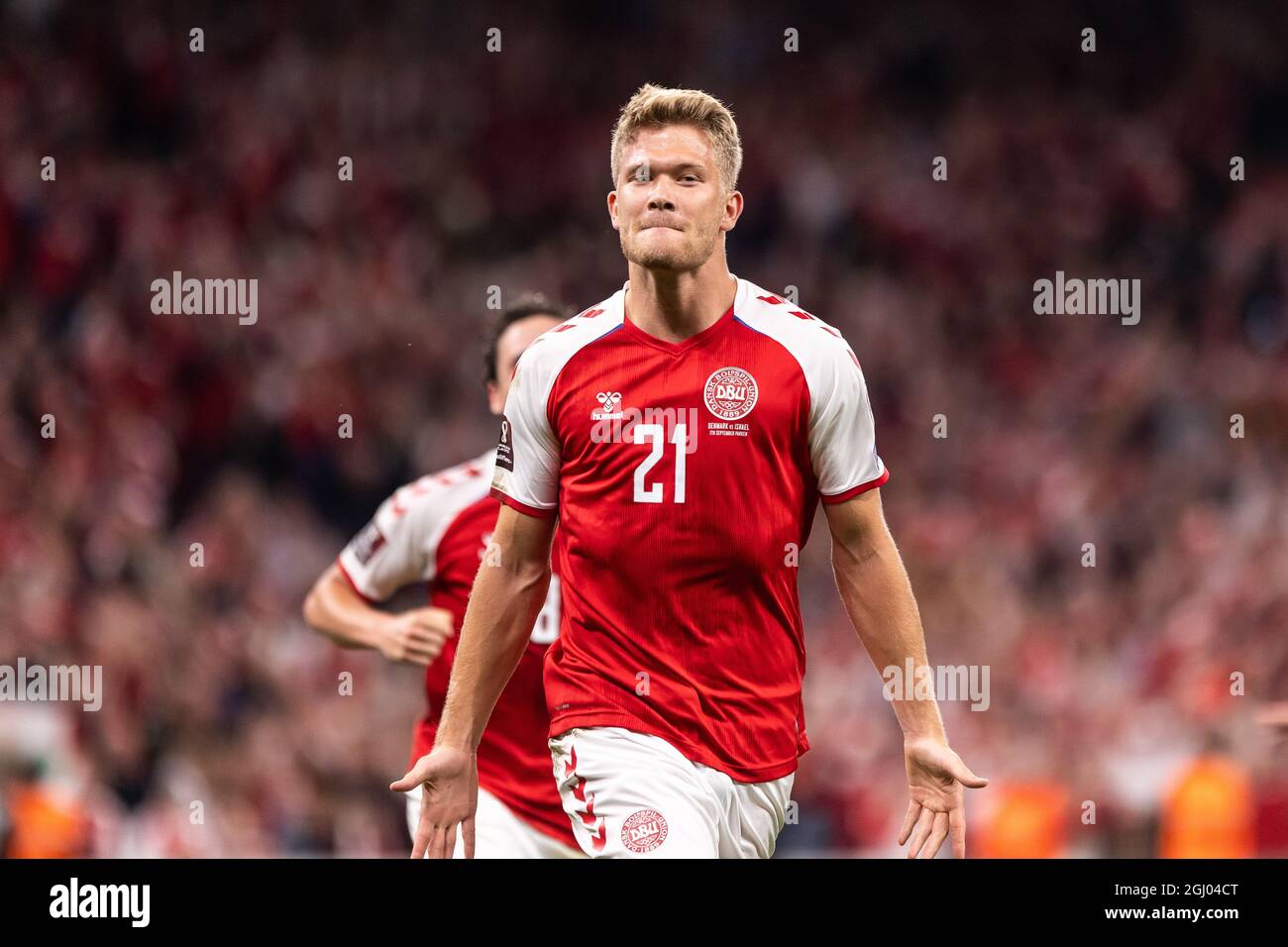 Copenhague, Danemark. 07e septembre 2021. Andreas Cornelius (21), du Danemark, a obtenu un score pour 5-0 lors de la coupe du monde de l'UEFA entre le Danemark et Israël à Parken à Copenhague. (Crédit photo: Gonzales photo - Dejan Obretkovic). Banque D'Images