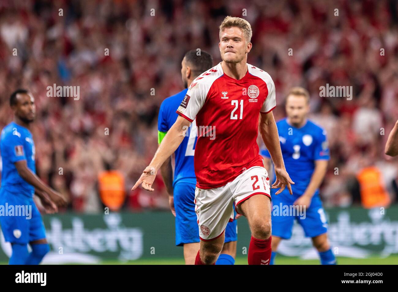 Copenhague, Danemark. 07e septembre 2021. Andreas Cornelius (21), du Danemark, a obtenu un score pour 5-0 lors de la coupe du monde de l'UEFA entre le Danemark et Israël à Parken à Copenhague. (Crédit photo: Gonzales photo - Dejan Obretkovic). Banque D'Images