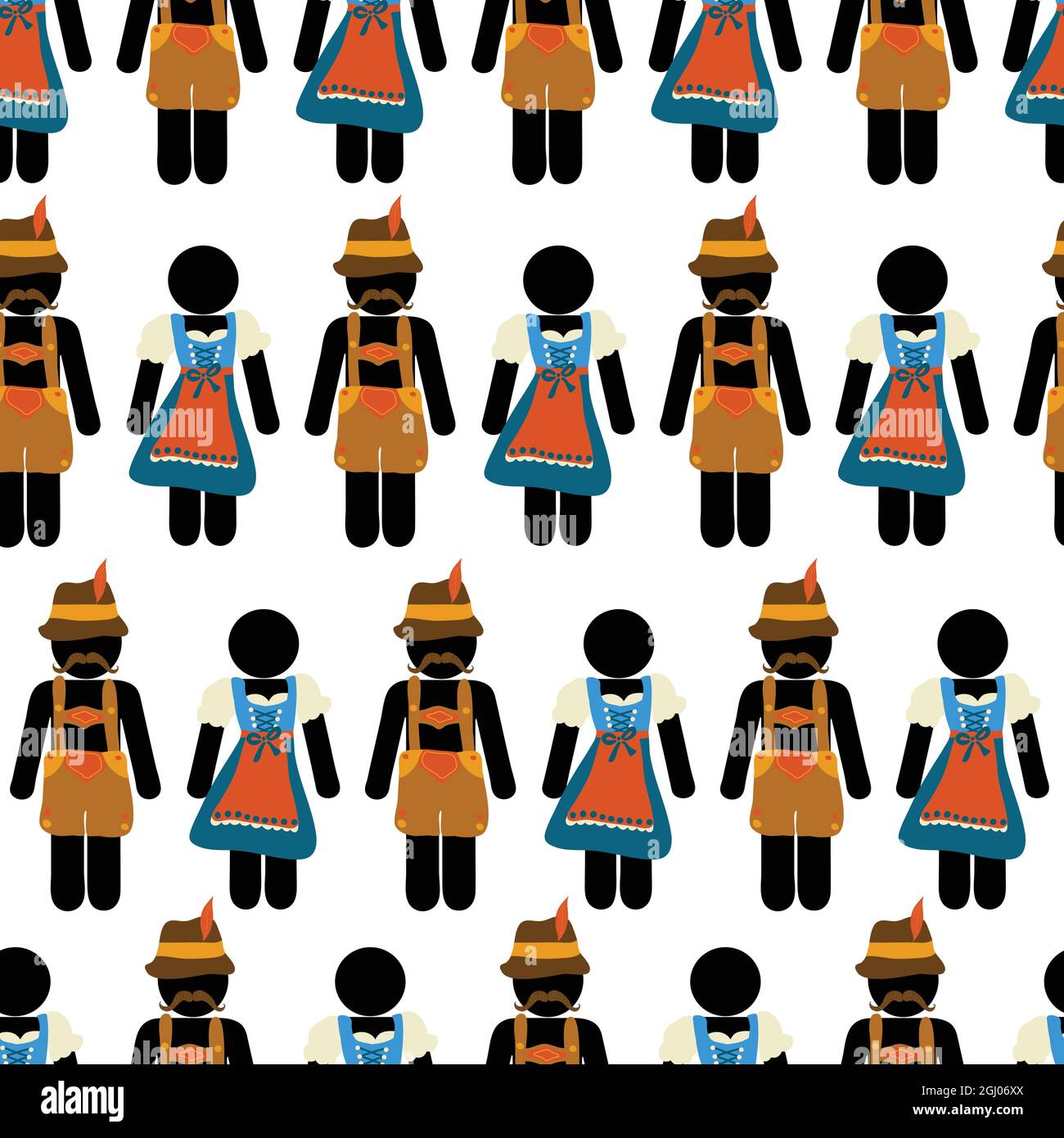 Oktoberfest sans couture vecteur motif dirndl robe lederhosen pictogramme. Répétition du festival allemand de la bière de fond hommes femmes. Illustration du festival de la bière Illustration de Vecteur
