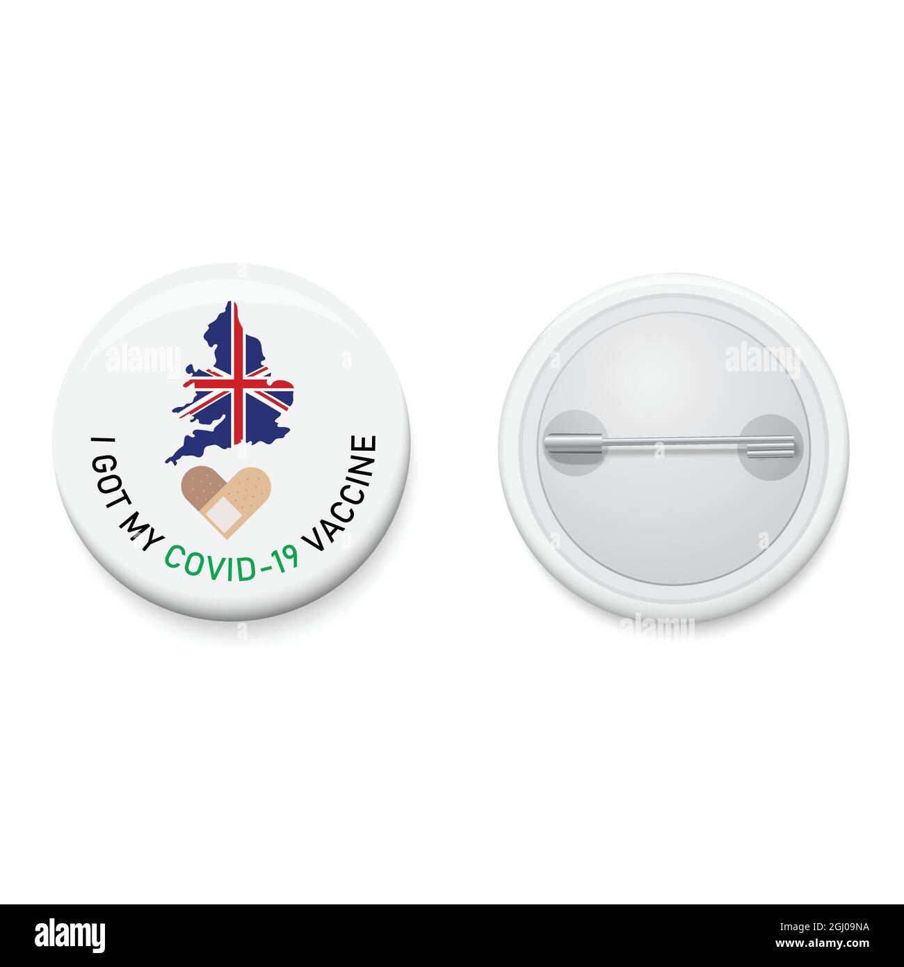 Badge blanc avec campagne textuelle J'AI REÇU MON VACCIN COVID-19 et ma carte de l'Angleterre. Bouton d'épingle réaliste. Vecteur et illustration. Illustration de Vecteur