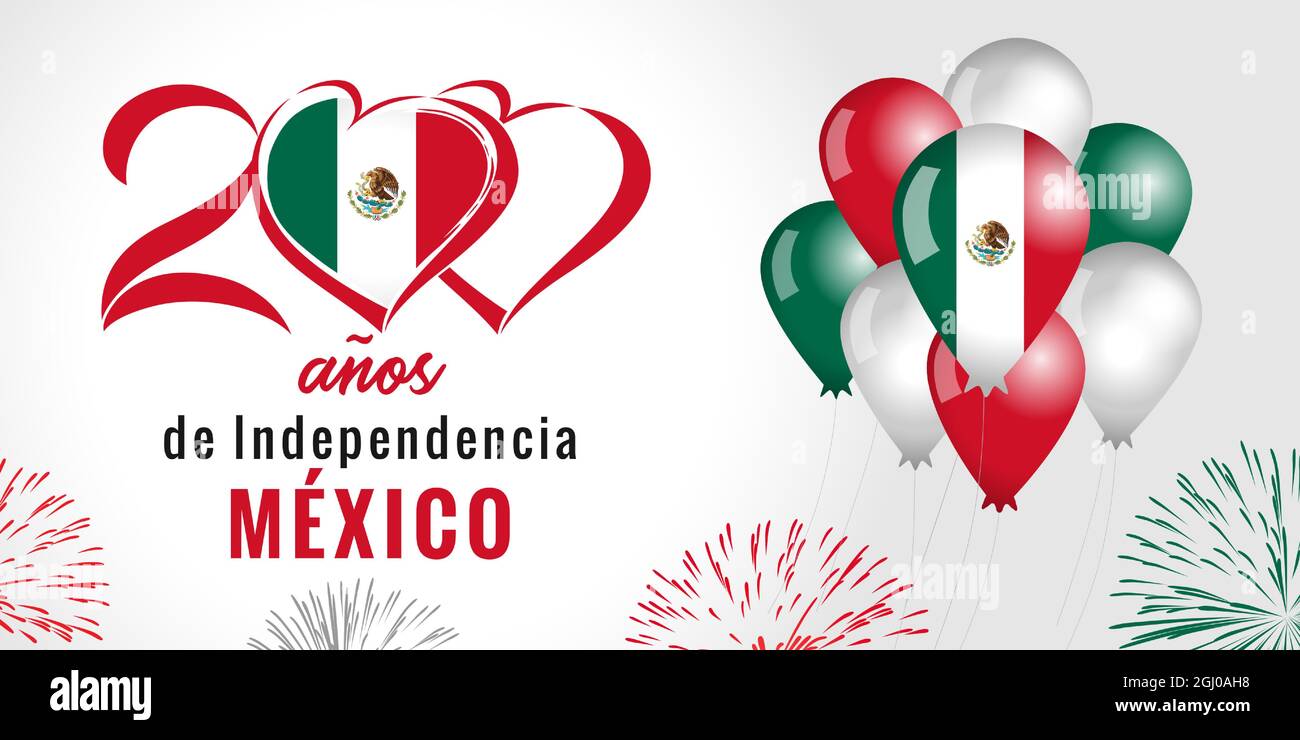 200 anos de Independencia Mexico, emblème de coeur, ballons et feux d'artifice. Texte espagnol - 200 ans d'indépendance MEXIQUE. Guerre d'indépendance du Mexique Illustration de Vecteur