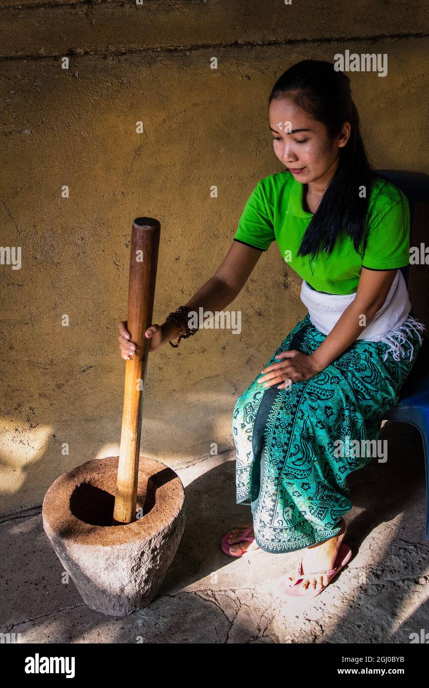 Bali - Indonésie 10.21.2015 - Jeune balinais - fille indonésienne portant  des vêtements traditionnels meulant les graines de café luwak manuellement  dans un vieux mortier avec Photo Stock - Alamy