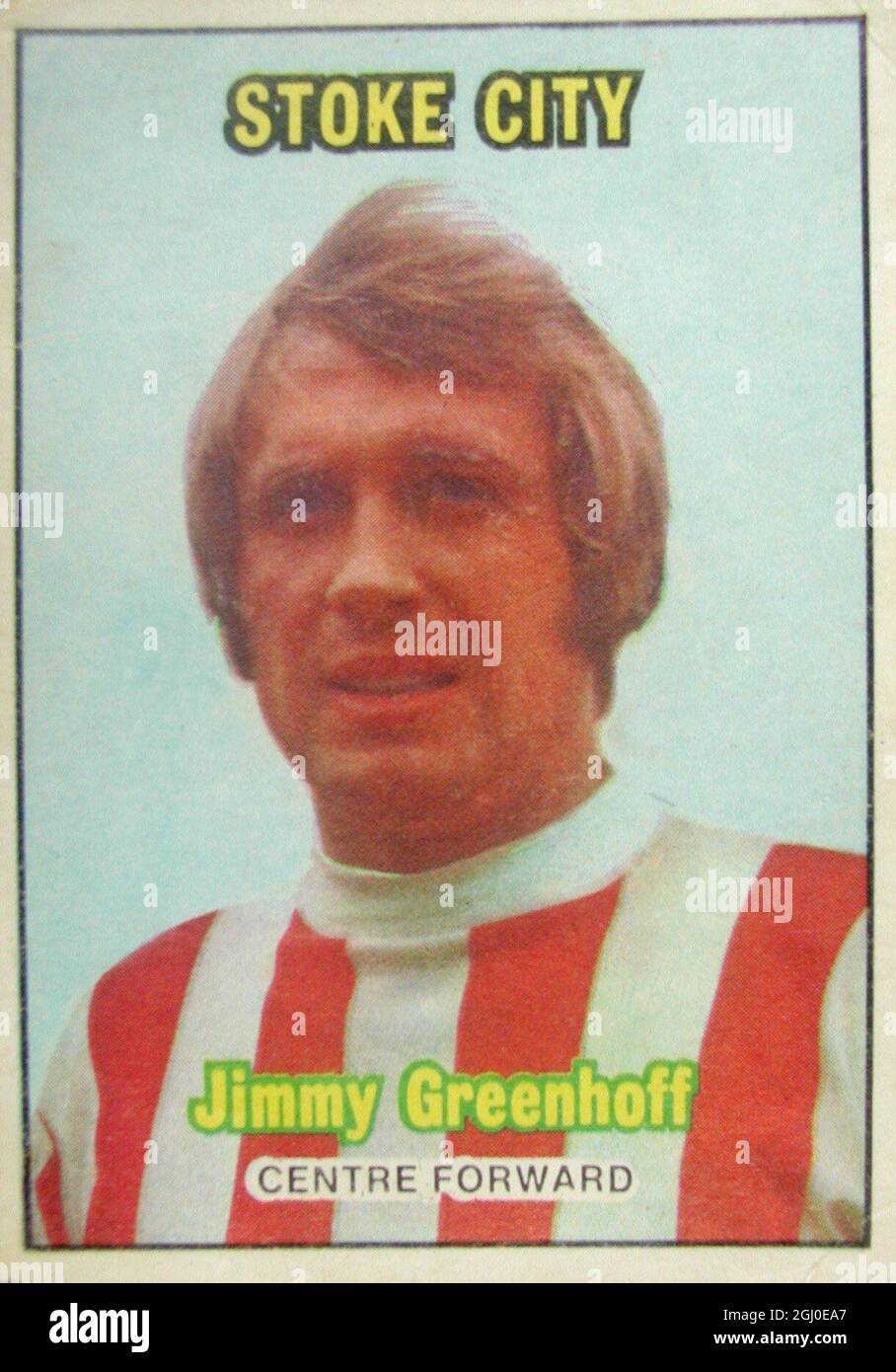 Jimmy Greenhoff - la signature la plus chère de Stoke City, Greenhoff a rejoint le club moyennant un supplément de £100,000 en août 1969. Une Angleterre internationale de moins de 23 ans, il a développé son soccer avec Leeds United, avant de passer à Birmingham. Un avant habile, il est très rapide, et dangereux dans la boîte de pénalité. Banque D'Images