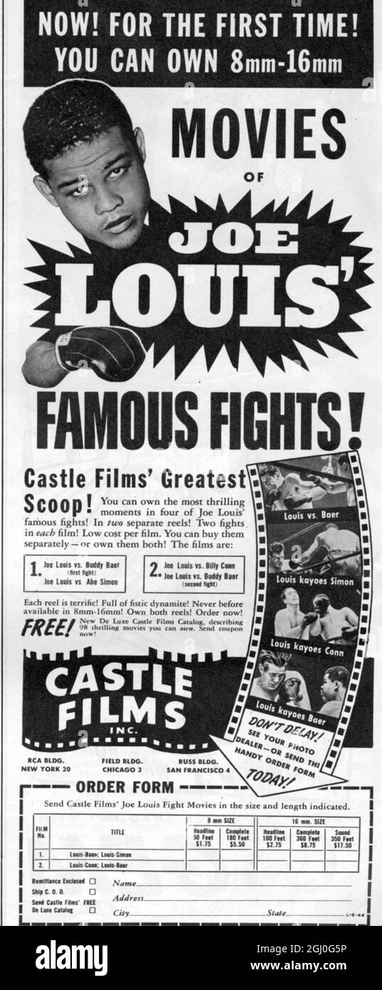 Publicité pour des films des célèbres combats de boxe de Joe Louis 8 février 1944 Banque D'Images