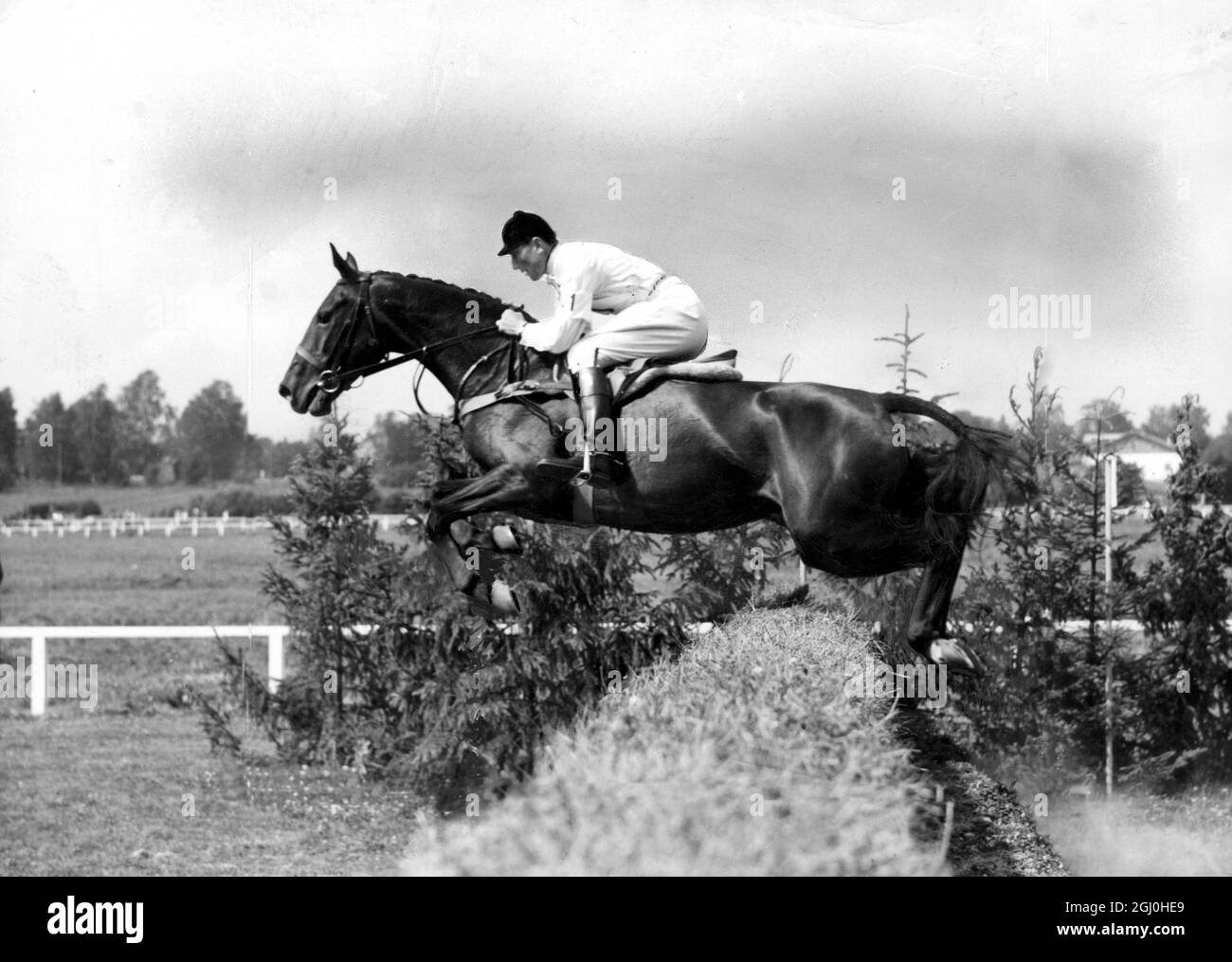 1952 Jeux Olympiques A. F. Hill (Grande-Bretagne) à cheval Stella pendant l'épreuve de trois jours vitesse d'endurance et de cross-country à Tali.- 1er août 1952 - ©TopFoto Banque D'Images
