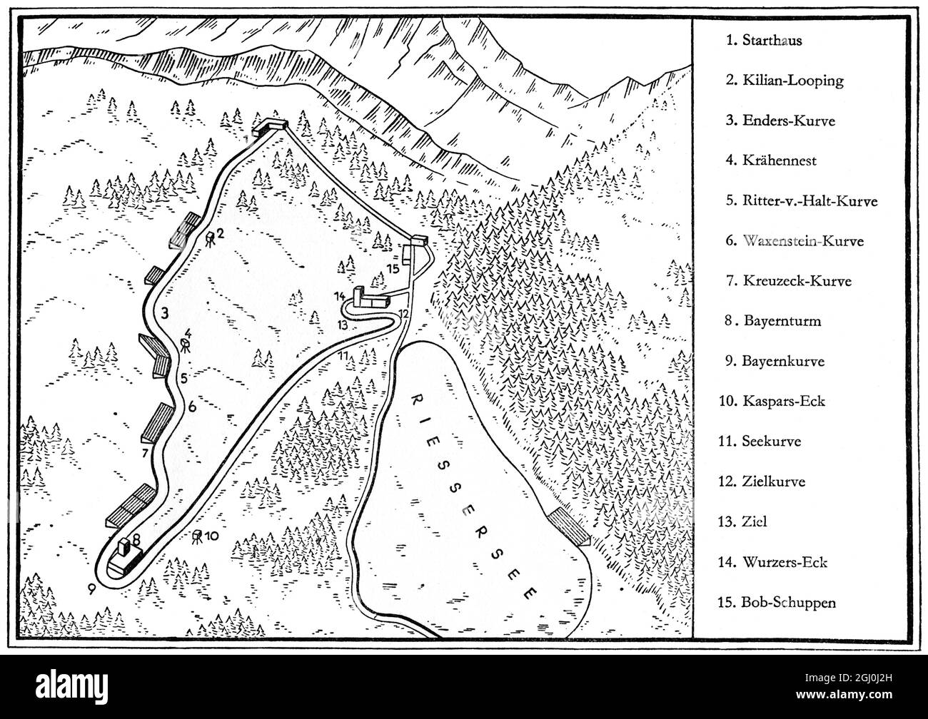 Carte retraçant l'itinéraire de la course à bobsleigh pour les Jeux olympiques d'hiver de 1936. ©TopFoto Banque D'Images