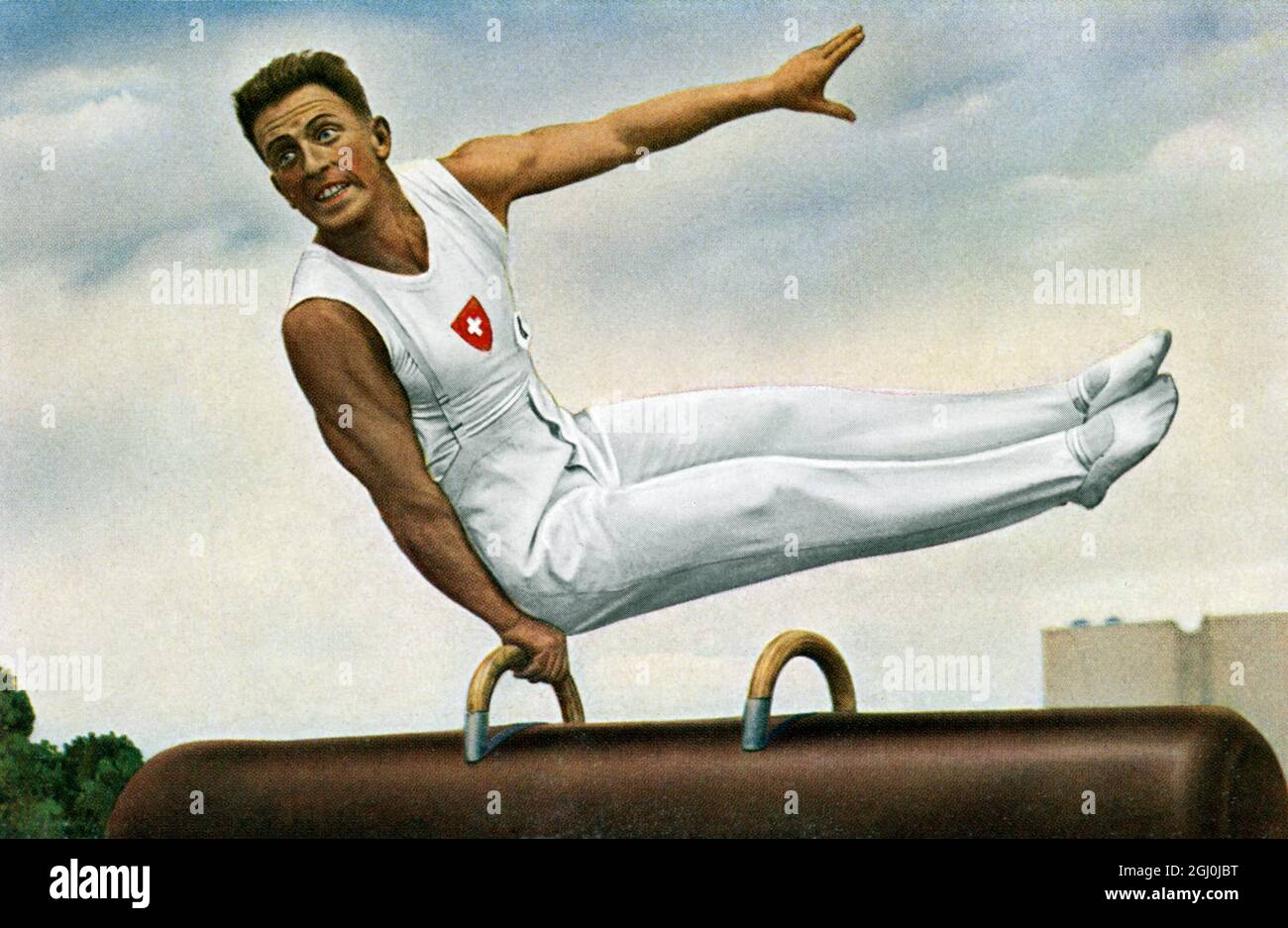 Le champion du monde multiple Mack (Suisse) en posture classique sur le cheval de Pommel. ©TopFoto Banque D'Images