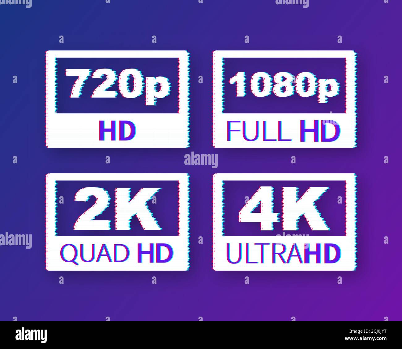 Étiquettes de dimension vidéo. Résolution vidéo 720, 1080, 2k, 4k, badges. Icône Glitch. Illustration du stock vectoriel. Illustration de Vecteur