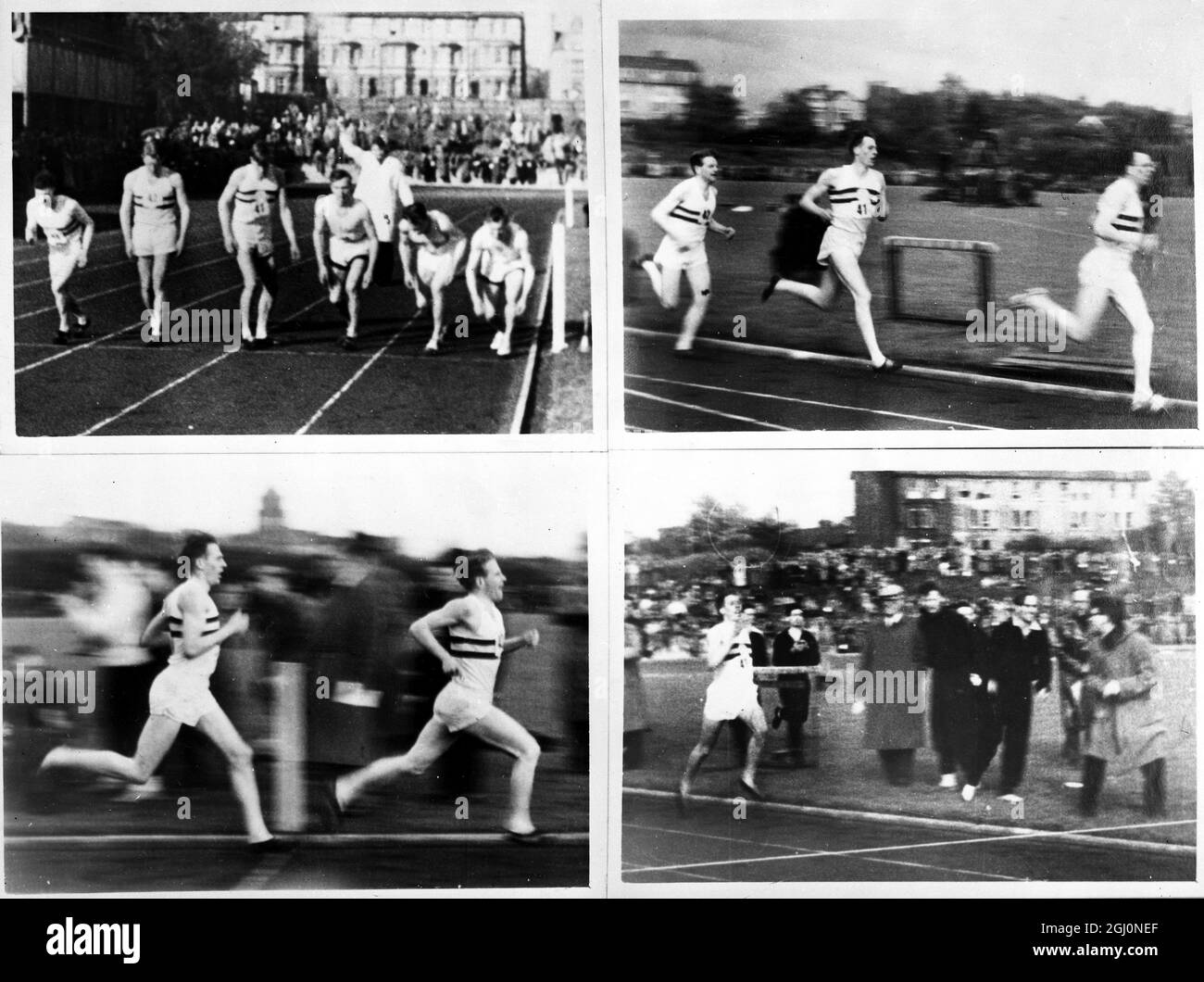 6 mai 1954 Roger Bannister (no 41) devient le premier homme à briser le mille de quatre minutes de course pour l'université d'Oxford avec un temps de 3 minutes 59.4 secondes. Photographié pendant la course avec ses stimulateurs Chris Chattaway et C.W. Brasher Oxford, Angleterre. TopFoto.co.uk Banque D'Images