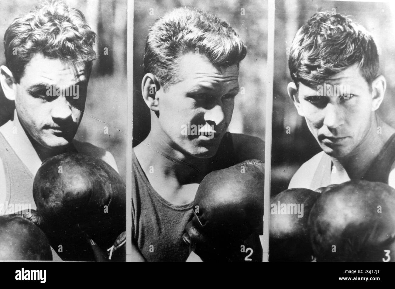 ÉQUIPE RUSSE DE BOXE POUR LES CHAMPIONNATS D'EUROPE - RICHARDAS TAMULIS, BORIS LAGUTIN, VIKTOR BYSTROV À MOSCOU 26 MAI 1963 - 2 JUIN 1963 ; 9 AOÛT 1963 Banque D'Images