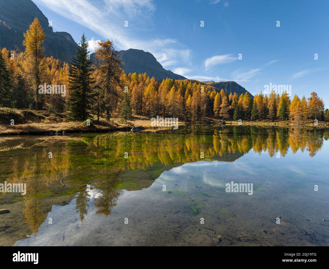 Lago San Pellegrino (Lech de San Pelegrin) pendant l'automne à Passo San Pellegrino dans les Dolomites, Italie. Banque D'Images