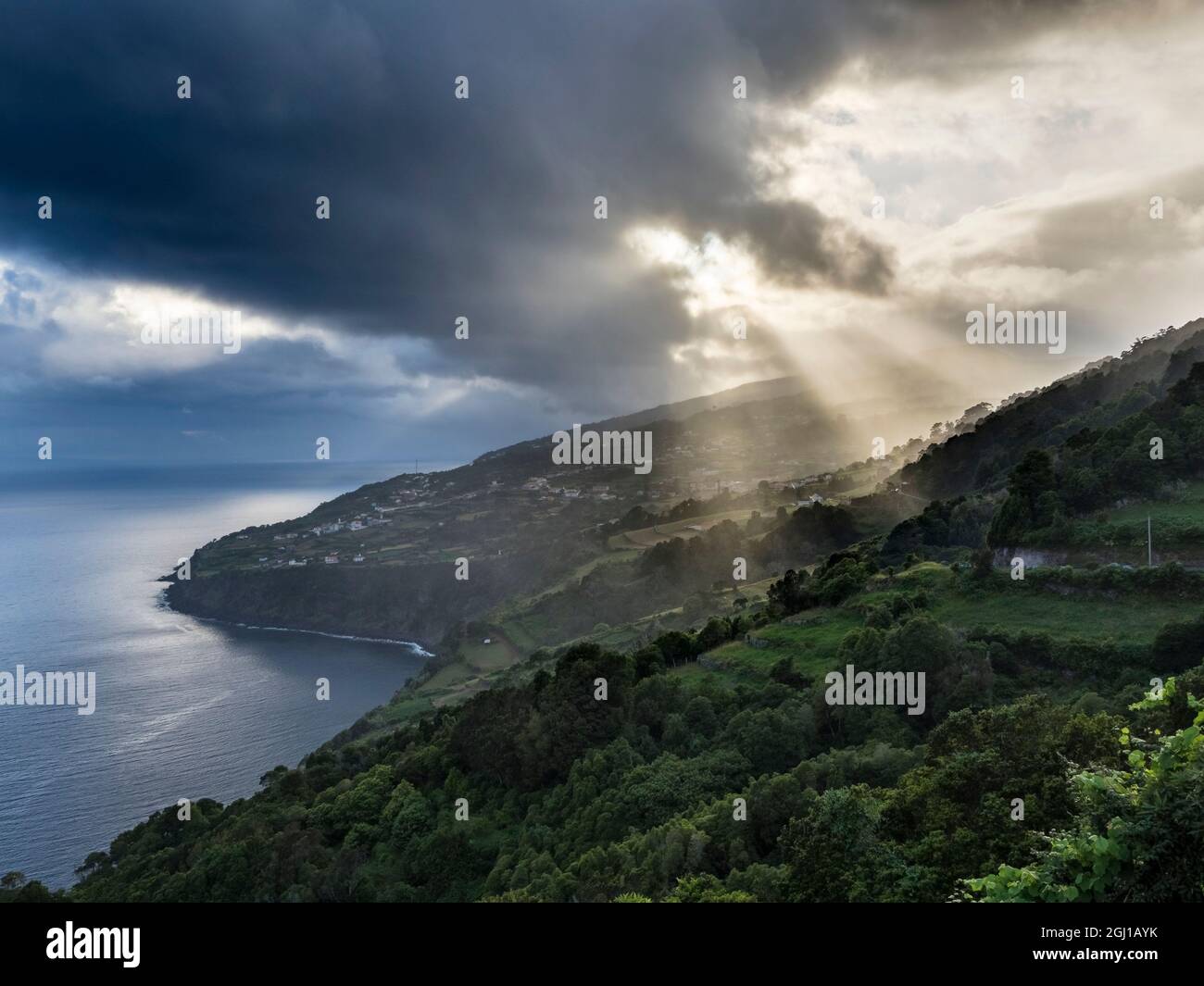 Paysage sur la côte sud près de Ribeira Seca. Île de Sao Jorge aux Açores, une région autonome du Portugal. Banque D'Images