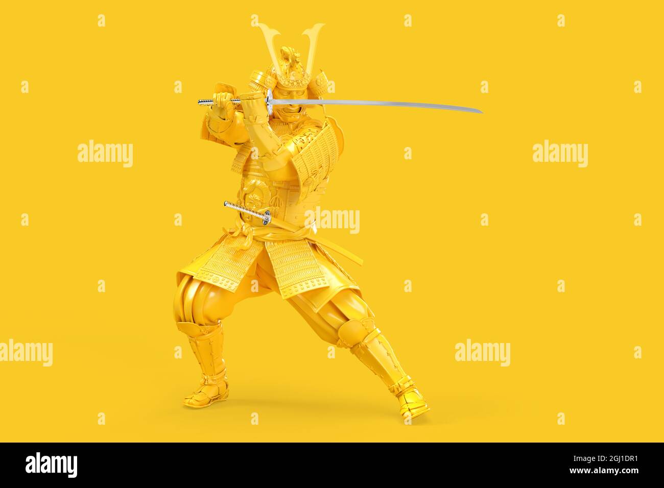 Guerrier samouraï avec épée katana en posture défensive. Illustration 3D. Banque D'Images