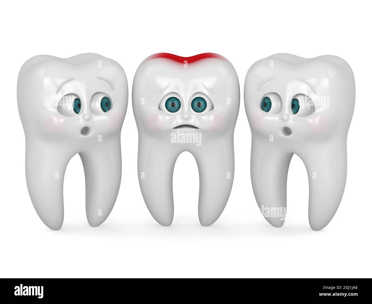 Rendu 3D de la caricature M. Tooth sensation de douleur debout avec des amis isolés sur le backgorund blanc. Concept de dentisterie pédiatrique. Banque D'Images