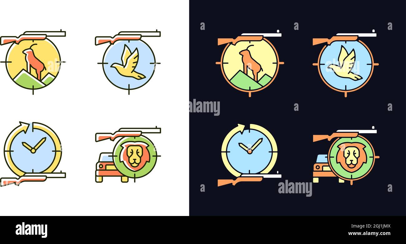 Types de chasse thème clair et sombre jeu d'icônes de couleur RVB Illustration de Vecteur