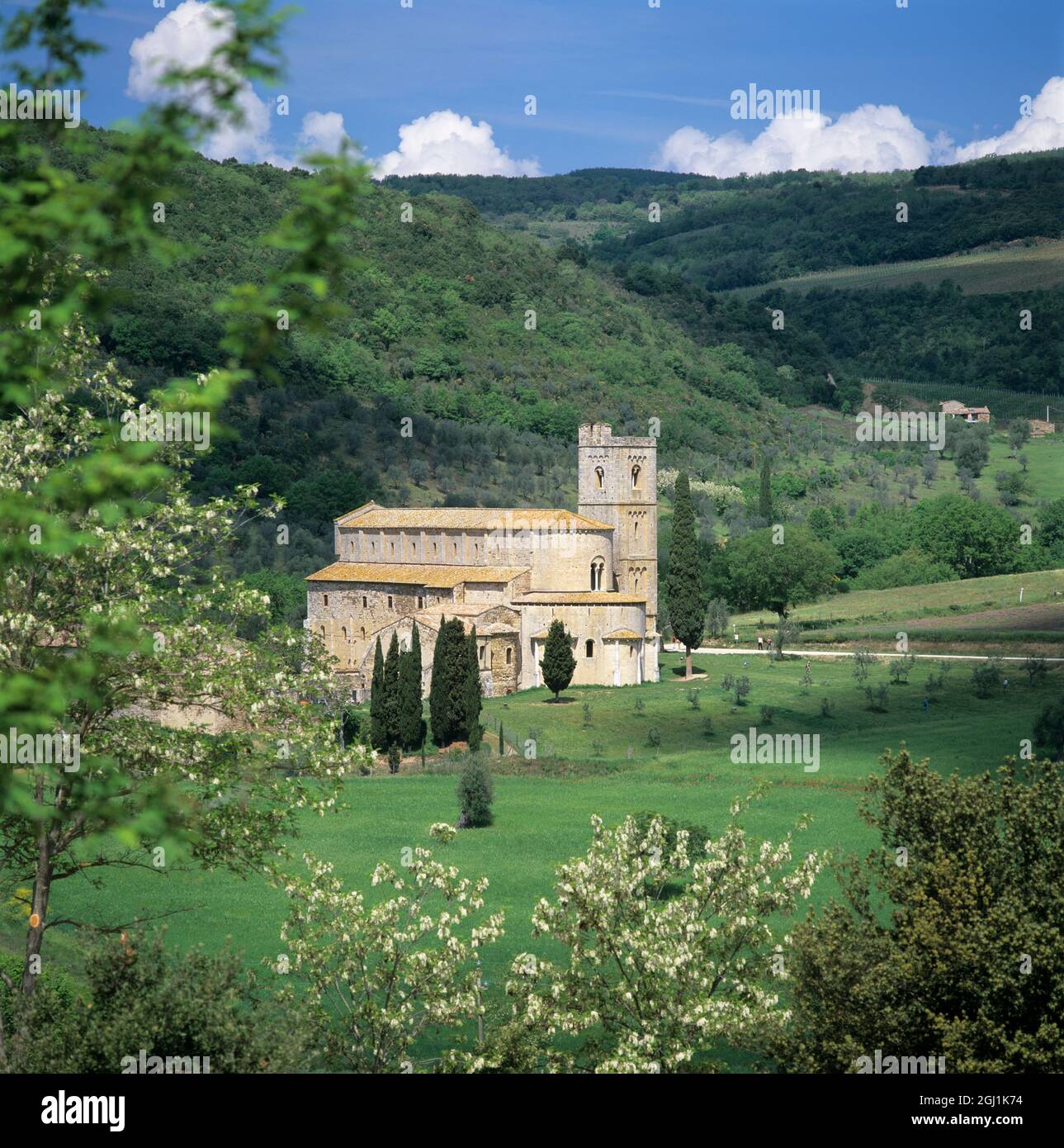 L'abbaye de Sant Antimo monastère bénédictin au printemps, Castelnuovo dell'Abate, Toscane, Italie, Europe Banque D'Images