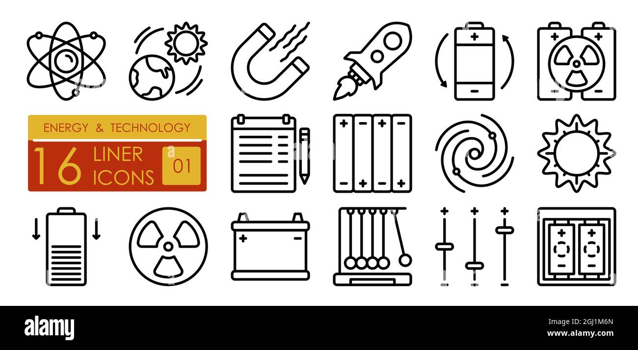 Technologies de production et d'utilisation de l'énergie dans l'industrie et la science. Atom, aimant, soleil, accumulateur, batterie, régulateur, accumulation. Ensemble de simple Illustration de Vecteur