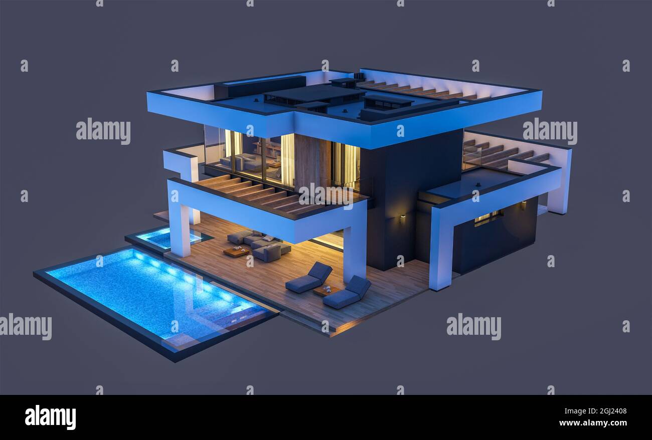 rendu 3d de maison moderne confortable avec piscine et parking à vendre ou à louer dans un style luxueux. La nuit. Isolé sur le noir. Banque D'Images