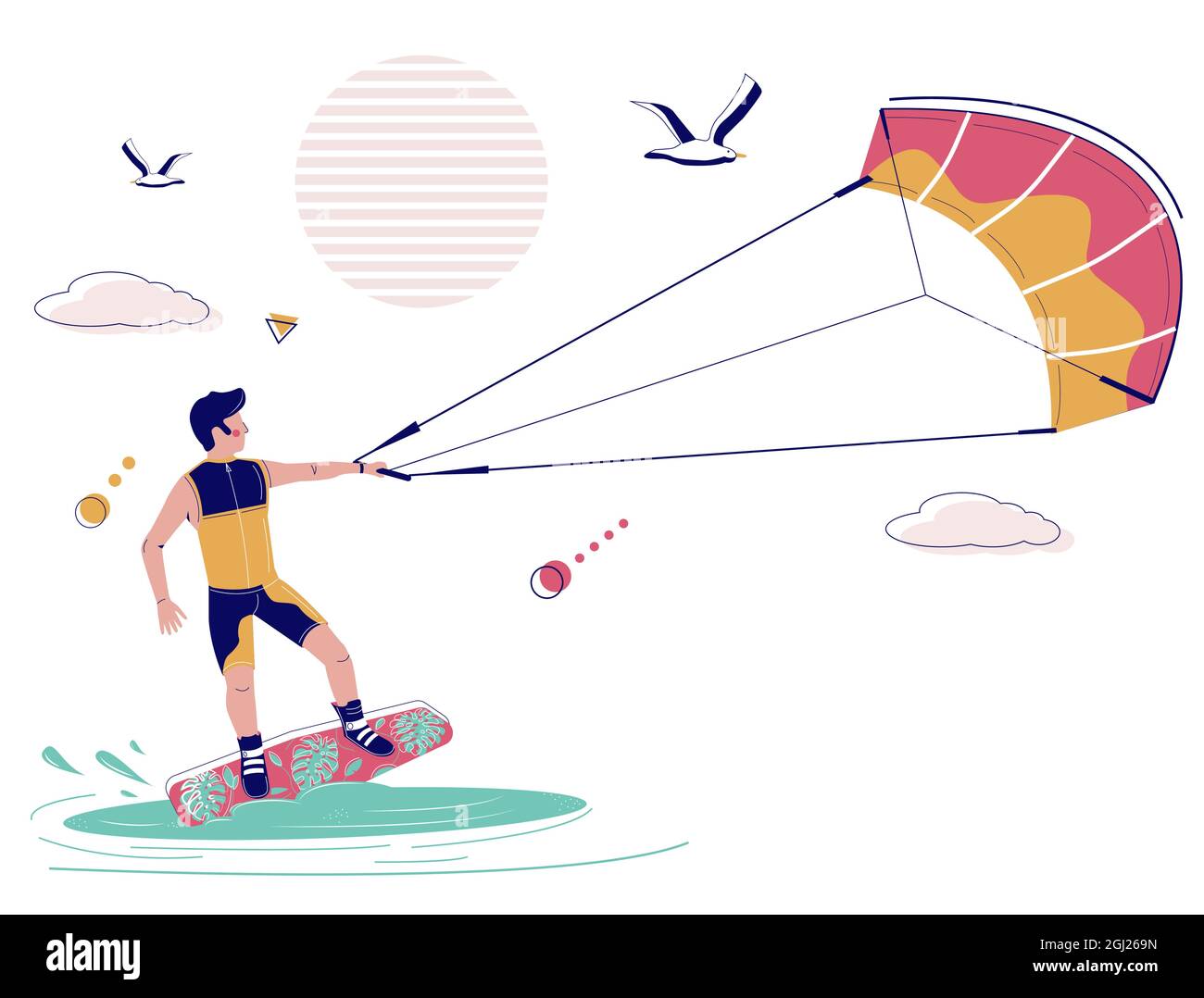 Kiteboarder sur le kitboard tiré à travers l'eau par le cerf-volant, illustration vectorielle. Kiteboarding, kitesurf sports extrêmes d'eau Illustration de Vecteur