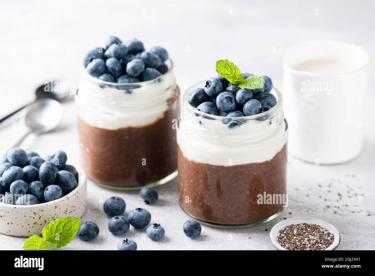 Dessert En Couches Sain Gateau Au Chocolat Et Yaourt Grec Recouvert De Myrtilles Dans Un Pot Vue Rapprochee En Cas De Nourriture De Petit Dejeuner Riche En Omega Photo Stock Alamy