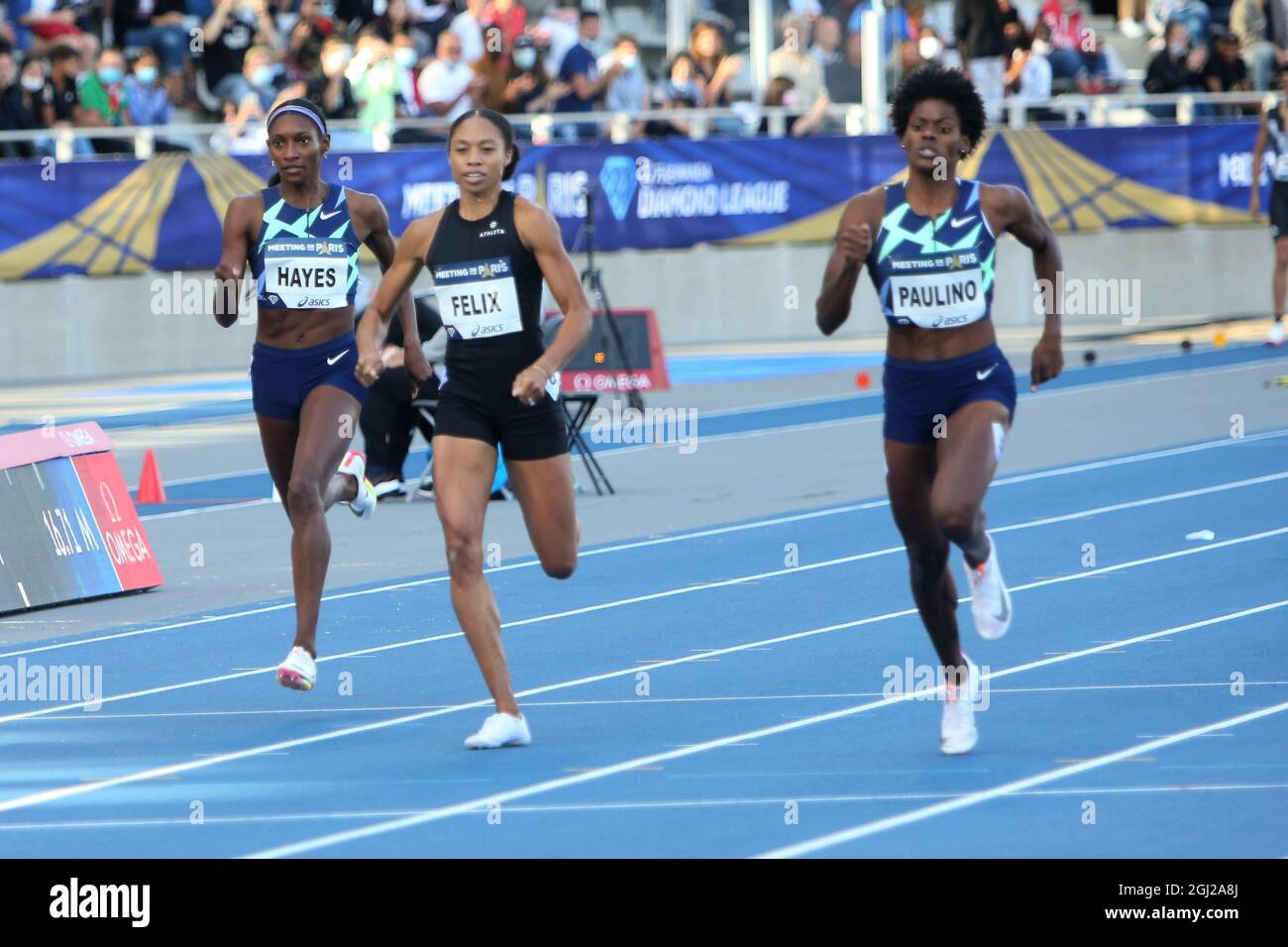 Quanera Hayes des Etats-Unis , Allyson Felix des Etats-Unis et Marileidi Paulino de République dominicaine 400 M femmes pendant la ligue de diamants de l'IAAF Wanda, rencontre de Paris Athlétisme le 28 août 2021 au stade de Charlety à Paris, France - photo Laurent Lairys / DPPI Banque D'Images