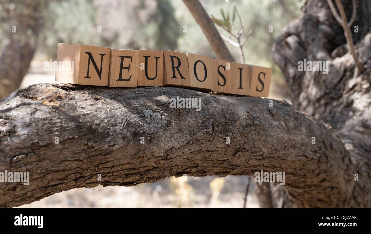 Le mot neurosis a été créé à partir de blocs de bois. Sociologie et vie. Gros plan Banque D'Images