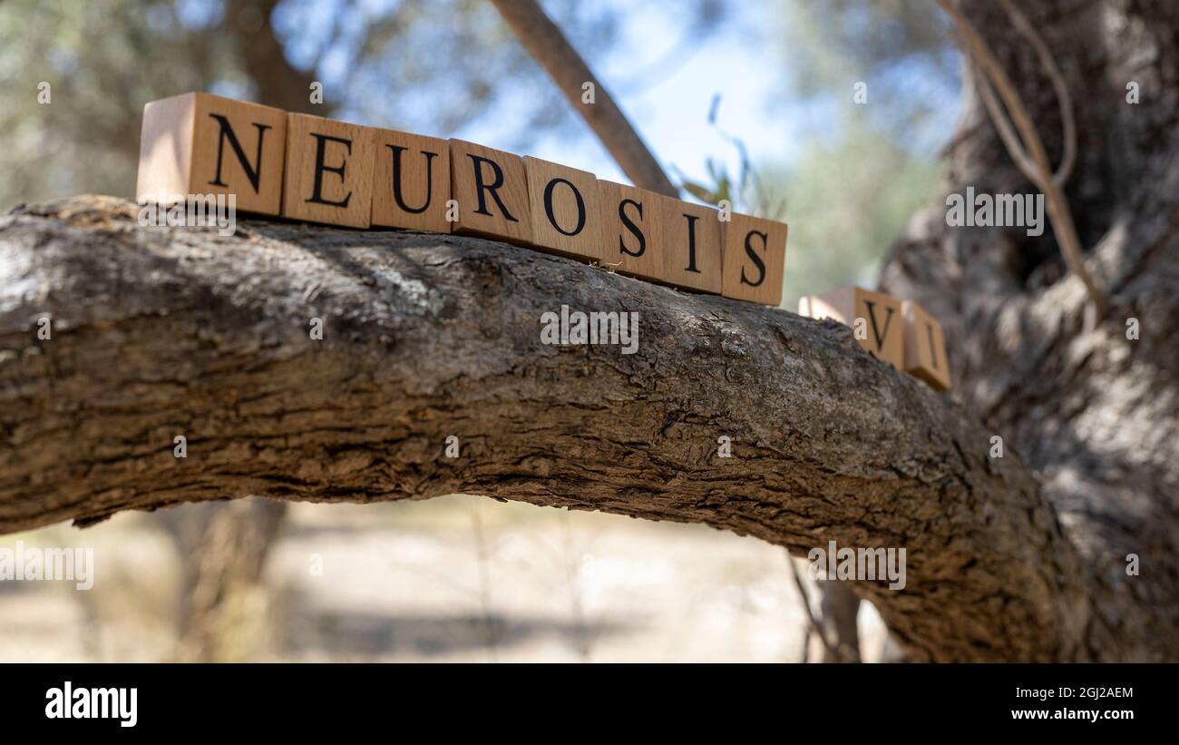 Le mot neurosis a été créé à partir de blocs de bois. Sociologie et vie. Banque D'Images