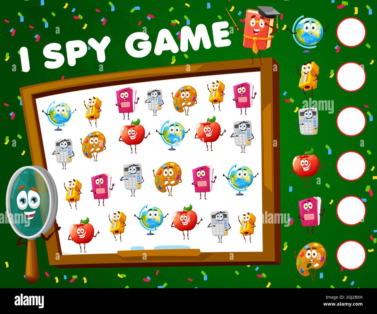 I SPY jeu, feuille de calcul de jeu de mathématiques avec des personnages d'école, vecteur de trouver et de match énigme. Puzzle de table d'enfants ou jeu d'espion avec des livres de mathématiques d'école Illustration de Vecteur