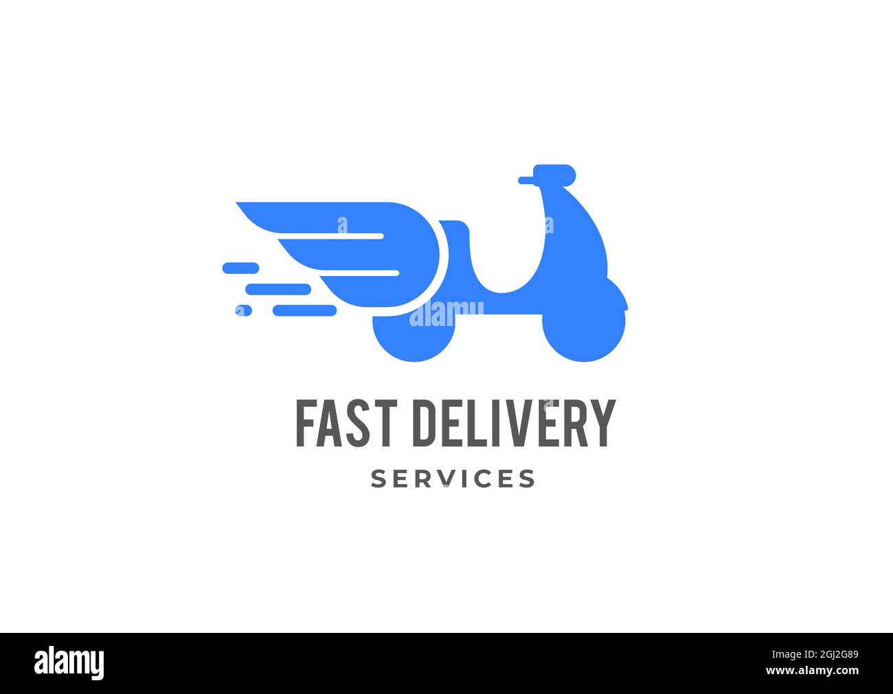 Logo de livraison bleu. Scooter, vélo avec ailes, emblème et design