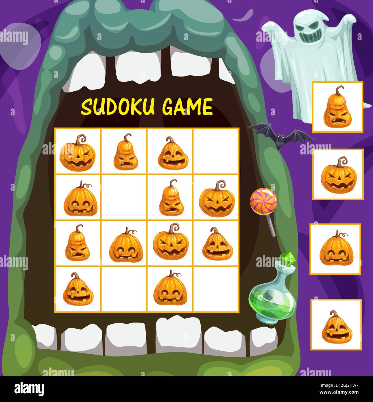 Jeu de sudoku pour enfants avec des lanternes de Halloween. Jeu de puzzle  pour enfants, enfant jouant page vecteur de livre d'activité. Citrouilles  de dessin animé d'Halloween, fantômes Image Vectorielle Stock -