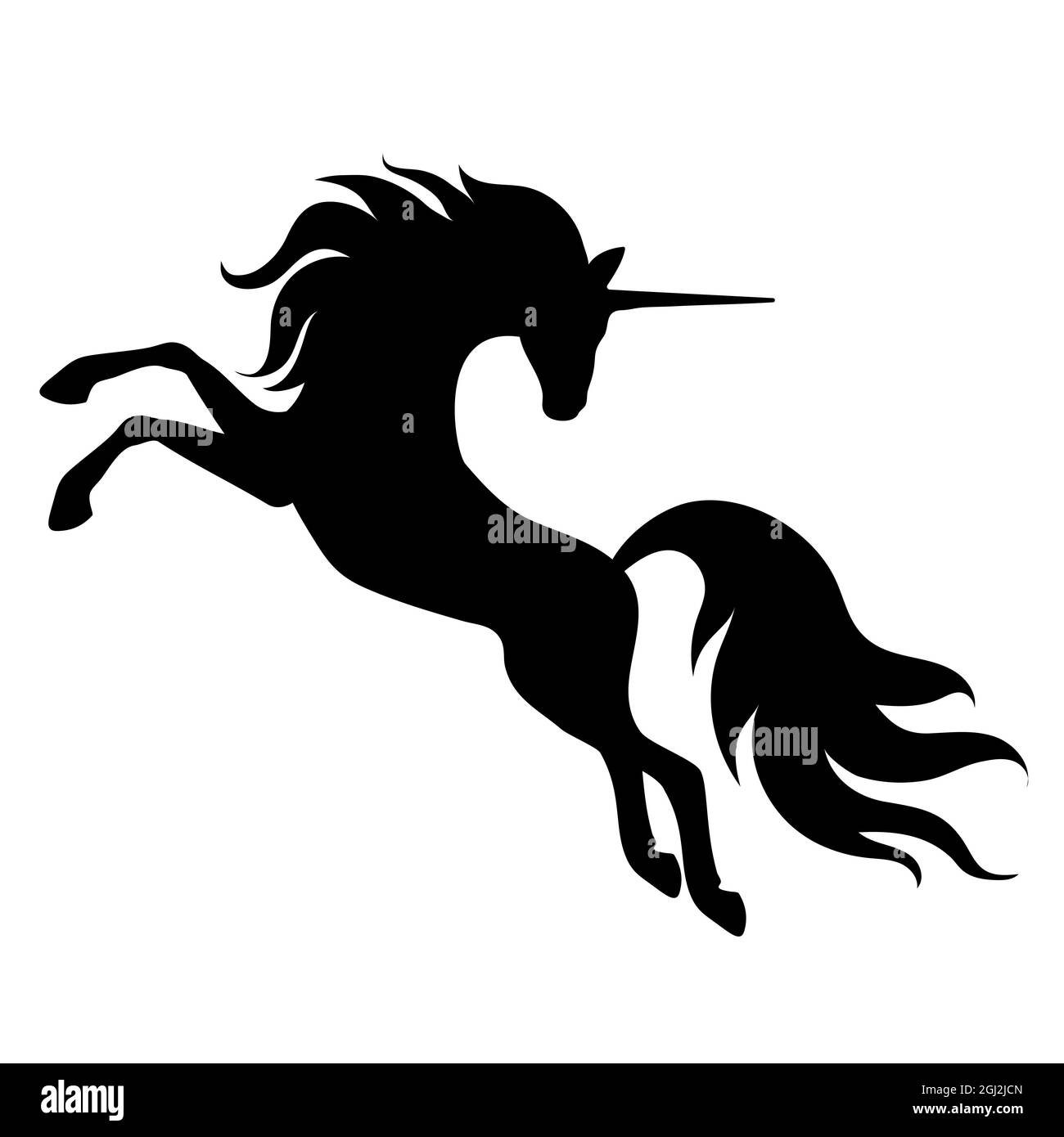 Silhouette d'une licorne grimpée avec une longue minière. Silhouette noire sur fond blanc. Élément de création de design et de décor, isolé d'un coup Illustration de Vecteur