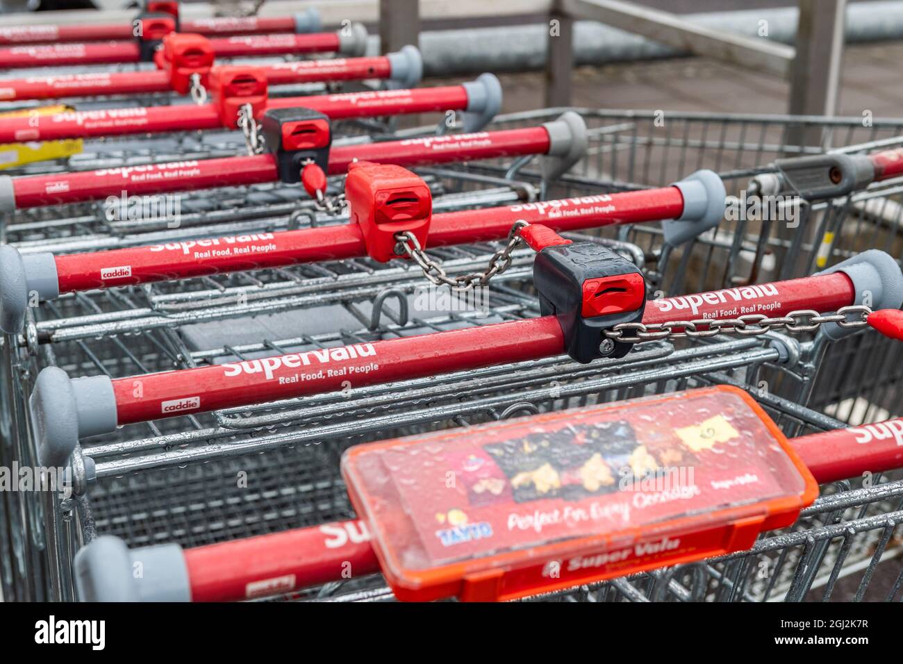 Rangée de chariots de supermarché irlandais garés à l'extérieur d'un supermarché en Irlande. Banque D'Images