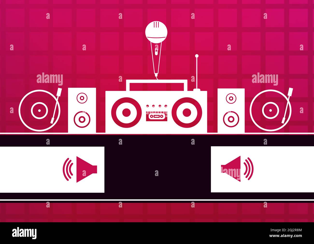 Composition du microphone, avec platines, symboles de haut-parleur et équipement musical sur fond rouge Banque D'Images